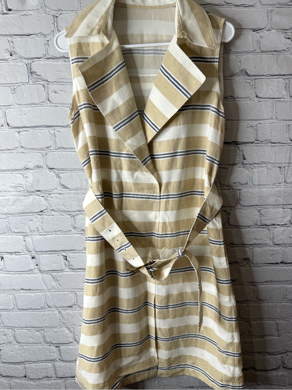 Lafayette Striped Sleeveless Belted Trench Dress in Beige and White